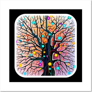 Abstract Neural Network Tree with Vibrant Synapses Posters and Art